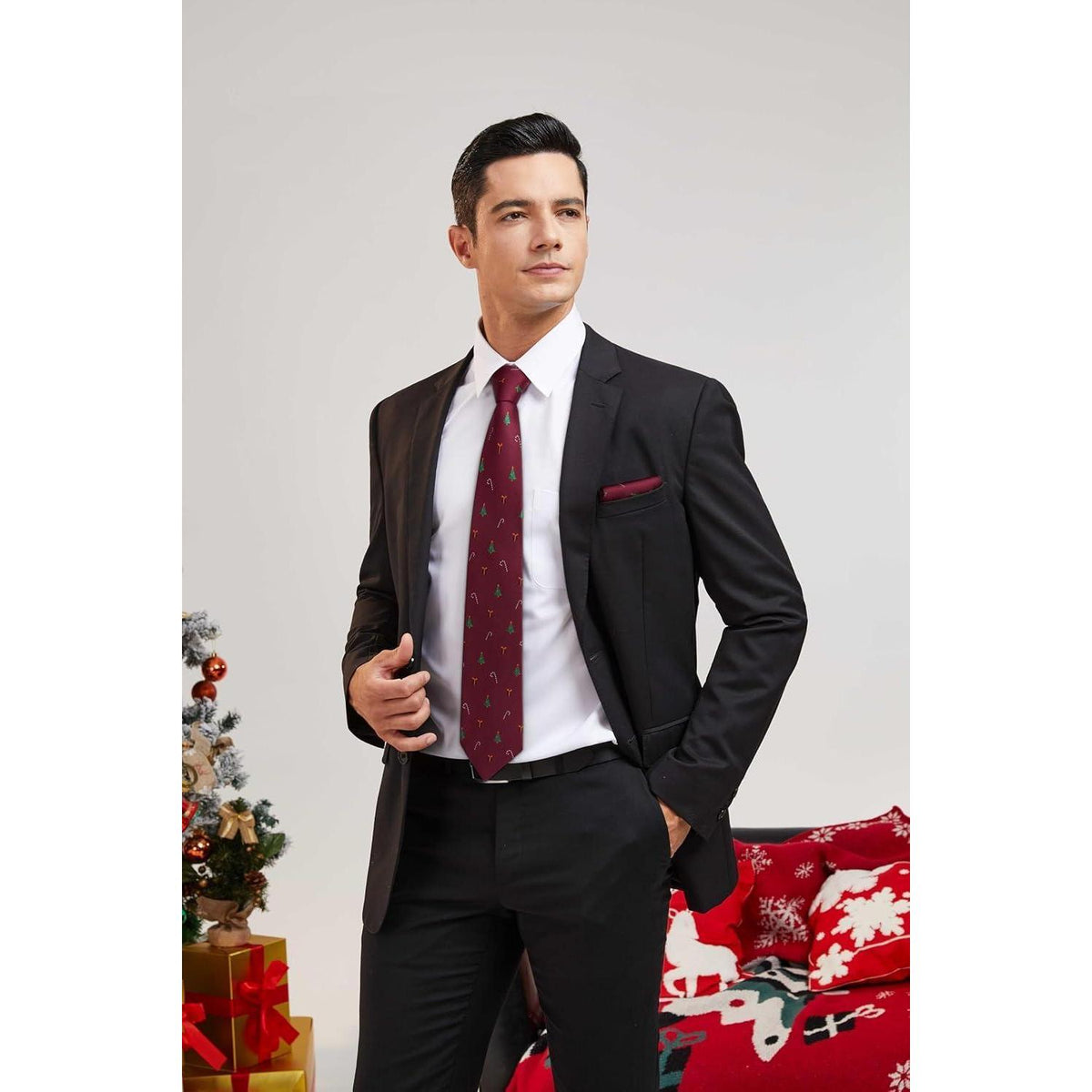 Herren Krawatte & Einstecktuch Set Weihnachtsmuster Burgund/Grün