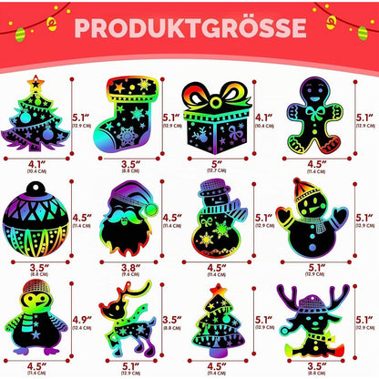 Regenbogen Kratz Weihnachtsschmuck Set – 72 Teile zum Basteln