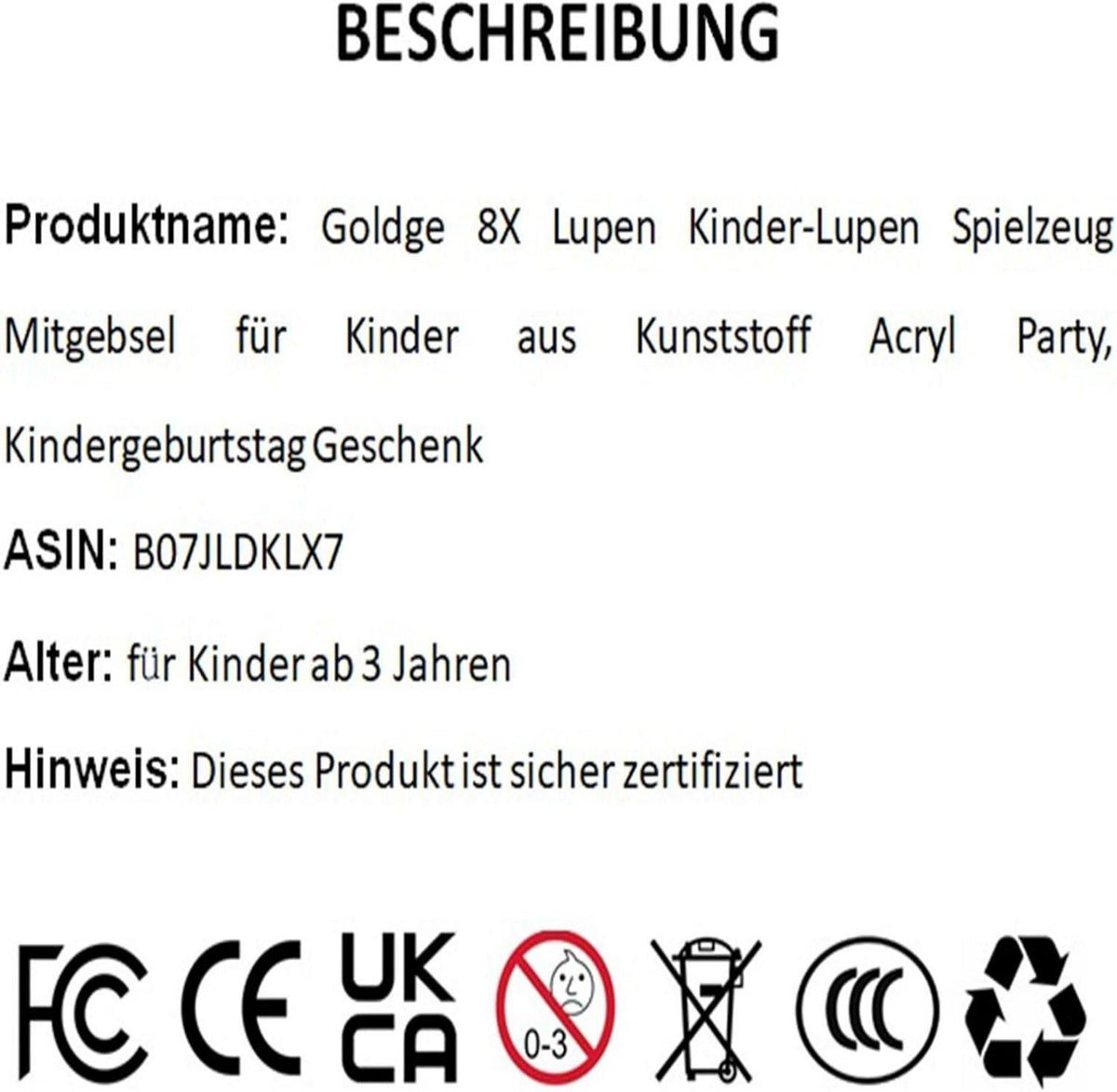 Kinder-Lupen Spielzeug 8X Vergrößerung Kunststoff Acryl Party Geschenk