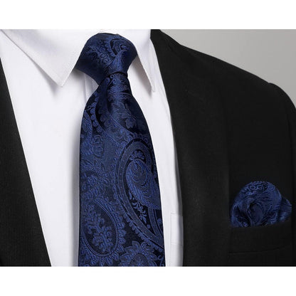 Herren Krawatten-Set mit Einstecktuch, Paisley, Dunkelblau
