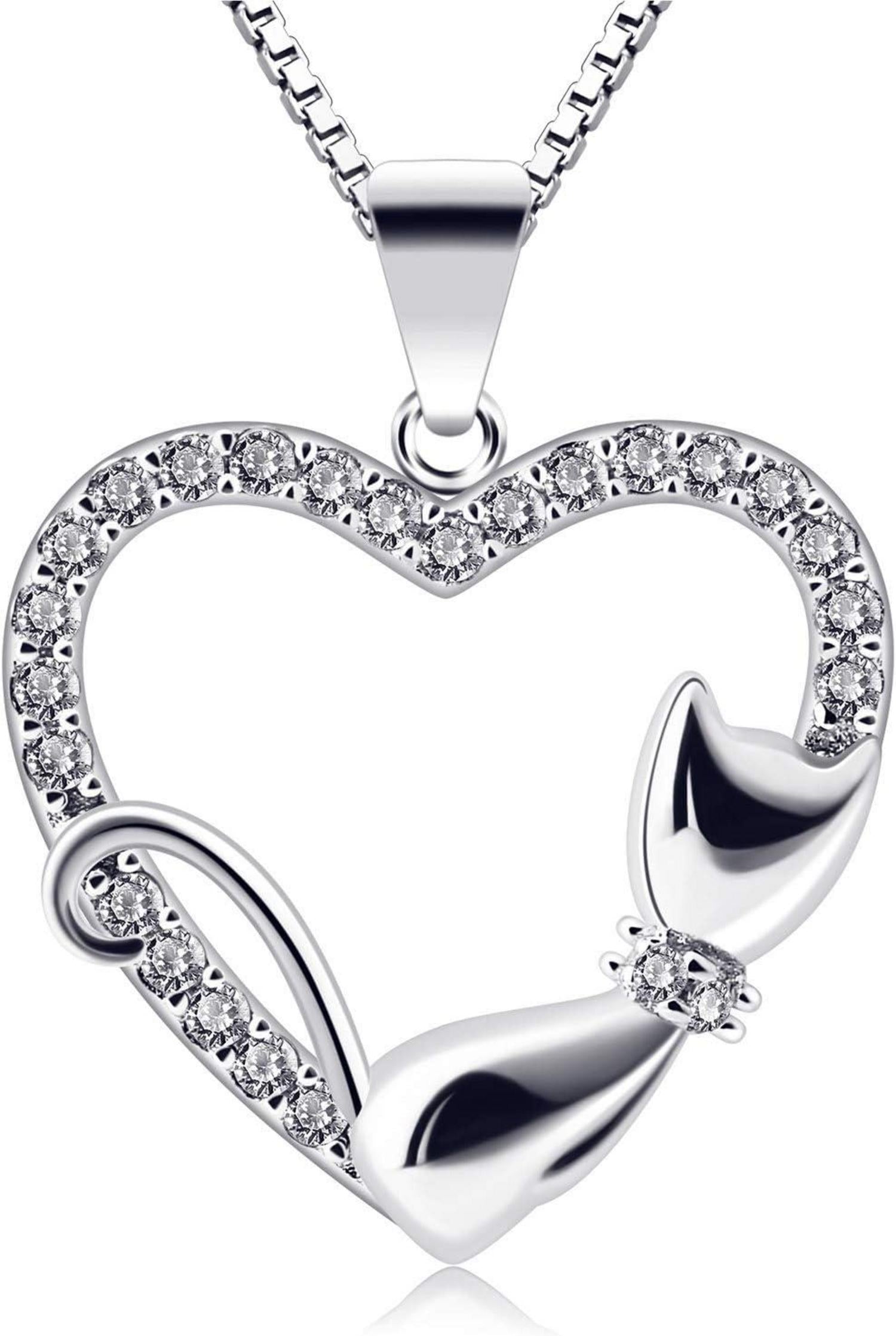 925er Katzen-Herz Kette Zirkonia Anhänger Silber 21x16mm 3g