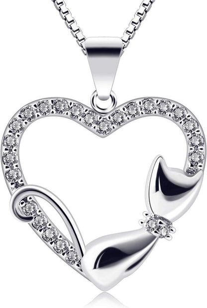 925er Katzen-Herz Kette Zirkonia Anhänger Silber 21x16mm 3g