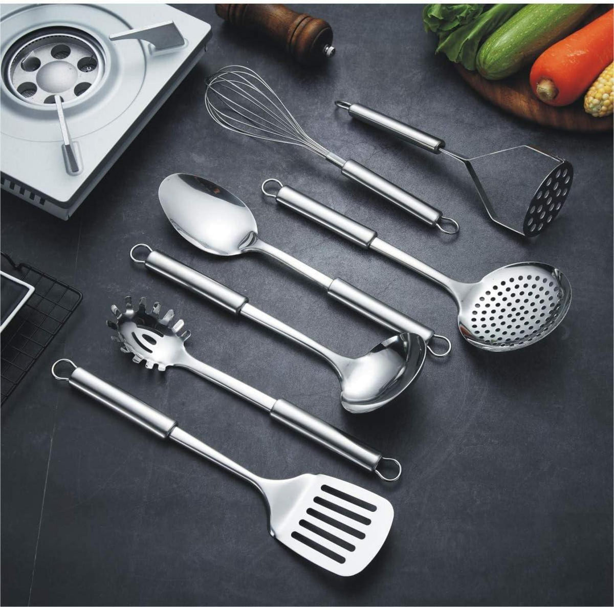 Edelstahl Kochset 7-teilig mit Ständer und Utensilien-Set