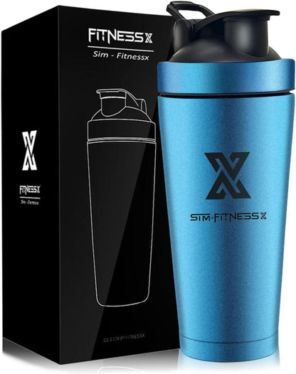 Protein Shaker 700ml Edelstahl Sport Fitness Becher Kugel VACUMM Blau