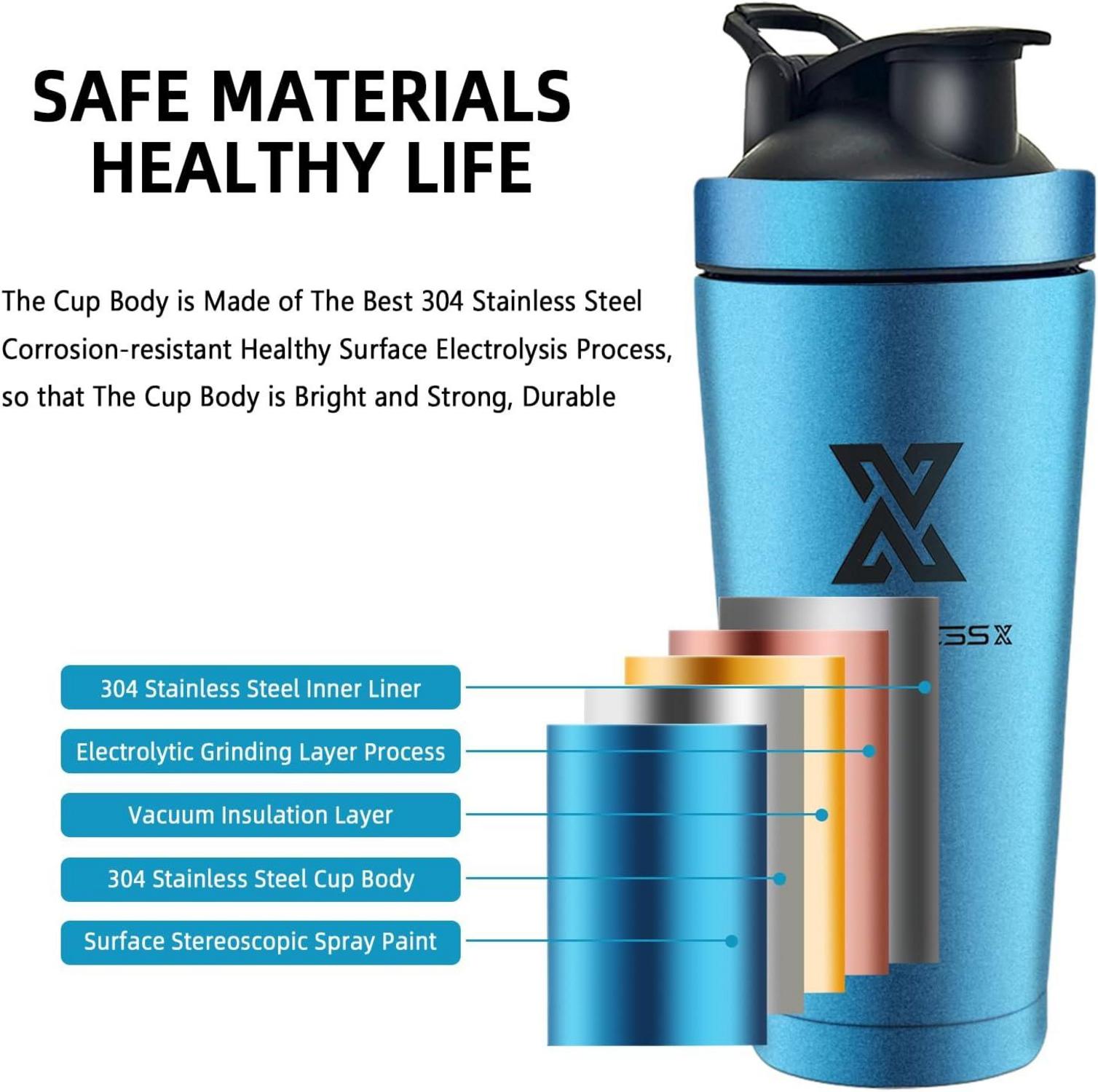 700ml Edelstahl Protein Shaker Sport Fitness Becher mit Kugel Blau
