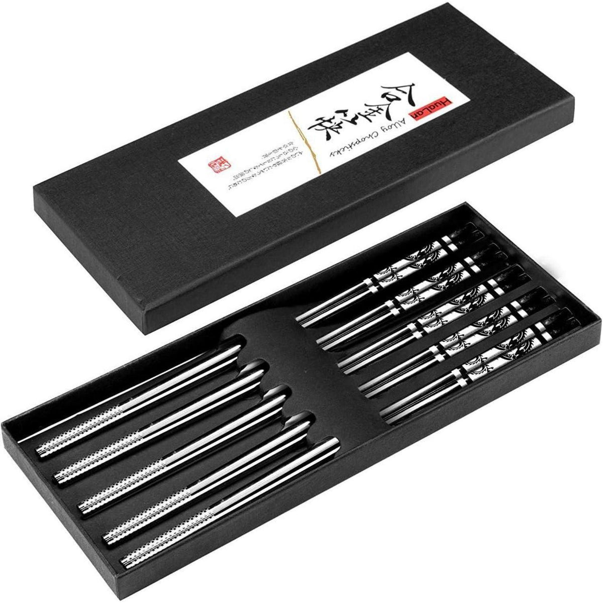 Edelstahl Essstäbchen Set mit Drachenmuster – 5 Paar