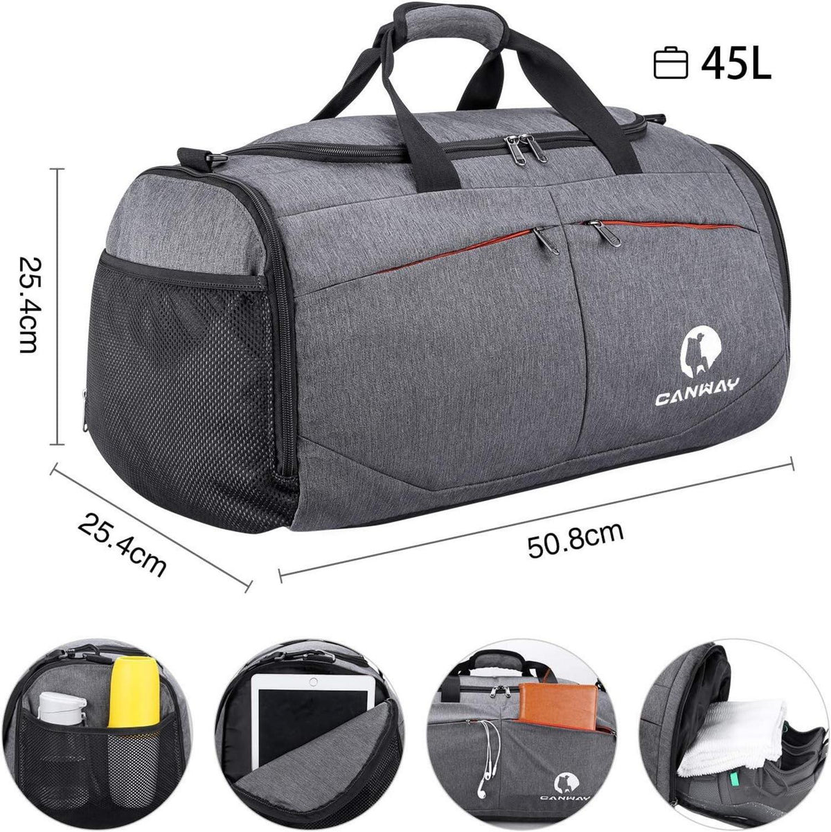 CANWAY Faltbare Sporttasche 45L mit Nassfach und Schuhfach Grau