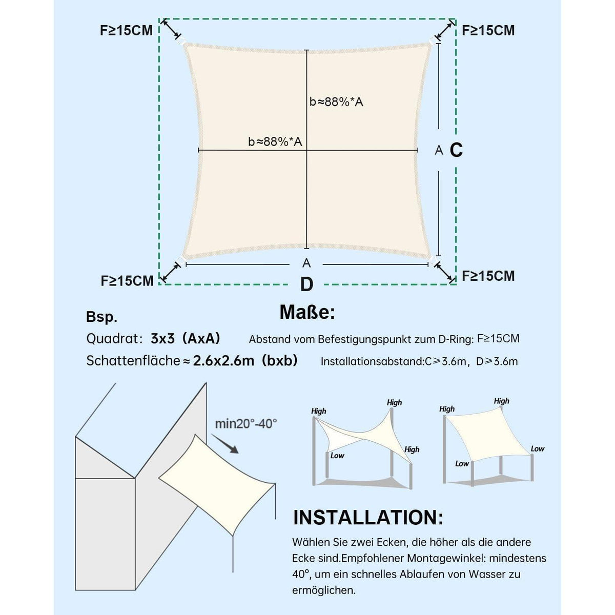 Wasserdichtes Sonnensegel 3x3m Cremeweiß UV-Schutz für Garten & Terrasse