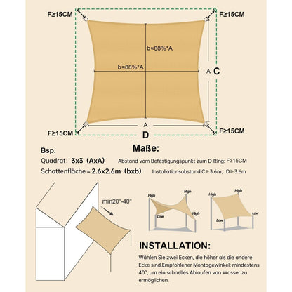 Wasserdichtes Sonnensegel 4x4m Sandbeige UV-Schutz für Garten & Terrasse