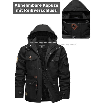 Herren Winterjacke Warm Gefüttert Militärstil Schwarz