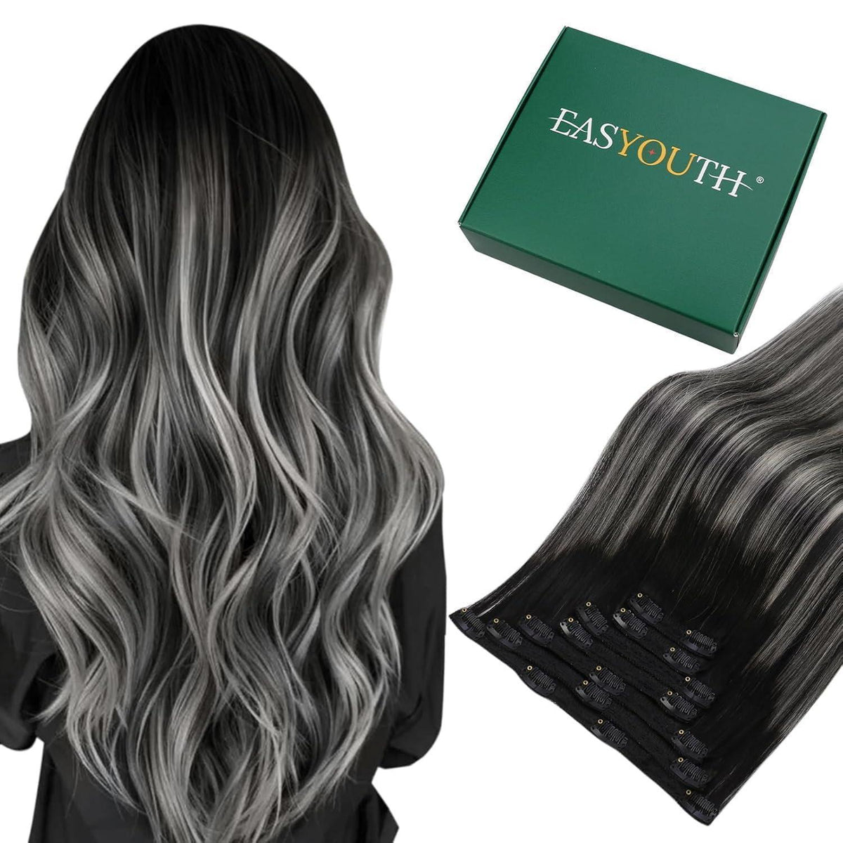 Clip-in Echthaar Extensions Schwarz-Silber Mix 45cm