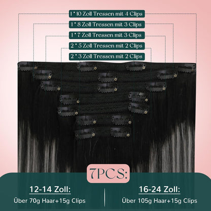 Clip-in Echthaar Extensions Schwarz-Silber Mix 45cm