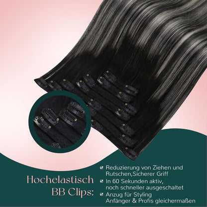 Clip-in Echthaarverlängerung Schwarz-Silber Mix 50cm