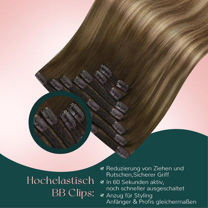 Clip-in Echthaarverlängerung Balayage Mittelbraun mit Blond