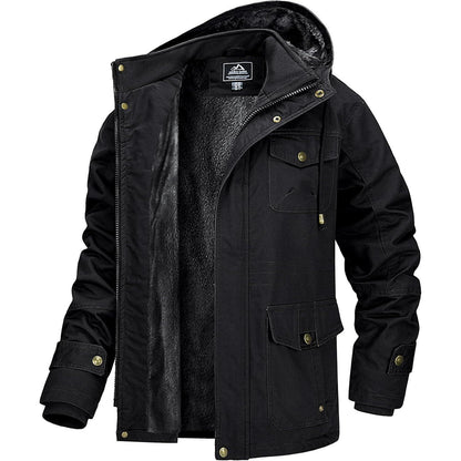Herren Winterjacke gefüttert Fleece Parka mit Kapuze Schwarz
