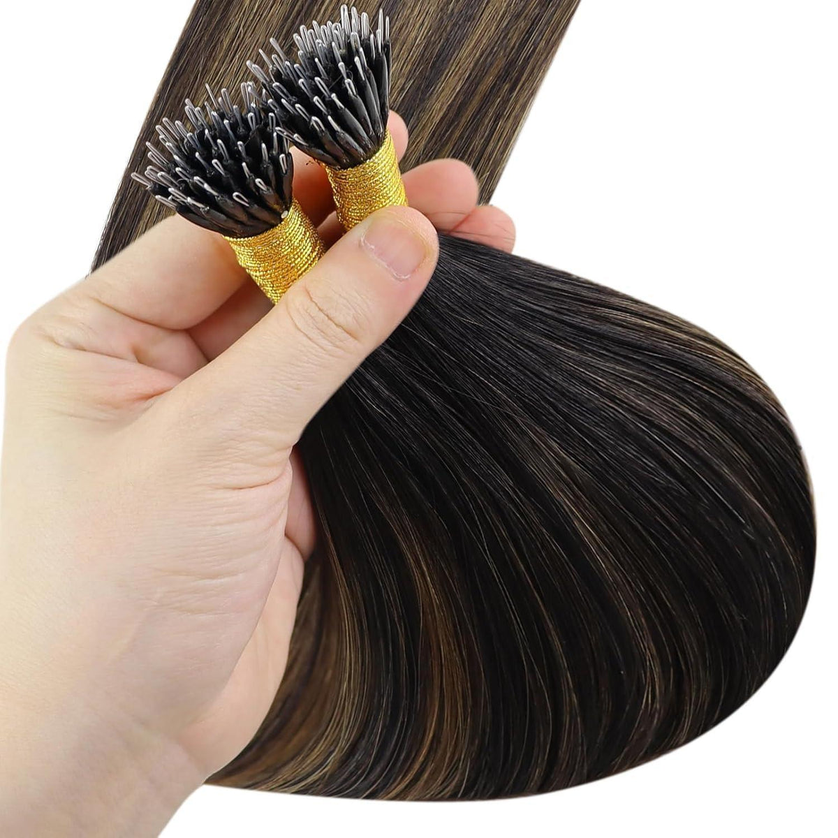 Echthaar Extensions Braun Nanoring 55cm – Dunkelbraun Ombre