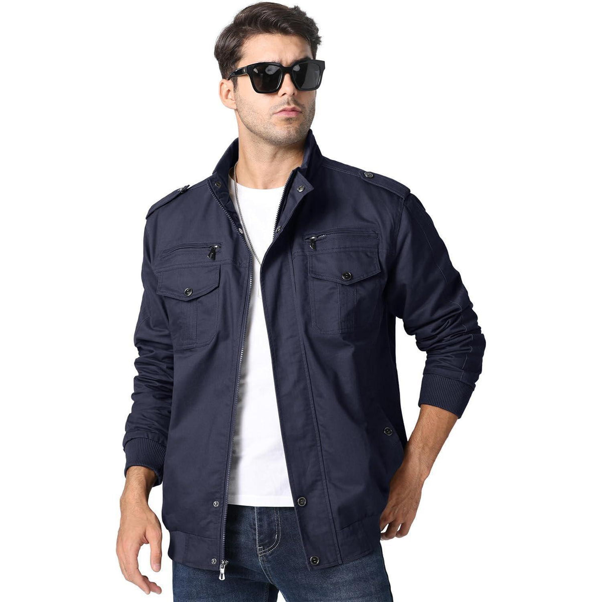 Herren Übergangsjacke Cargo Militär Winddicht Viele Taschen Navy