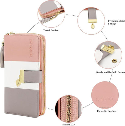 Damen Geldbörse RFID Schutz Scheckheft Kartenhalter 12 Karten klassisch gestreift Grau Weiß Rosa M
