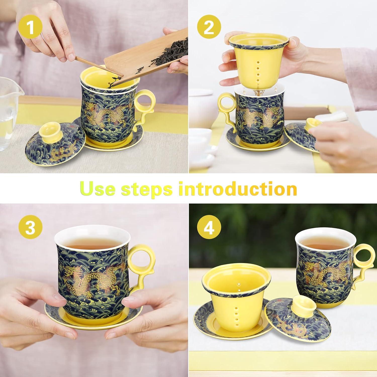 Chinesische Teetasse Keramik Set Drachenmuster Untertasse 400ml