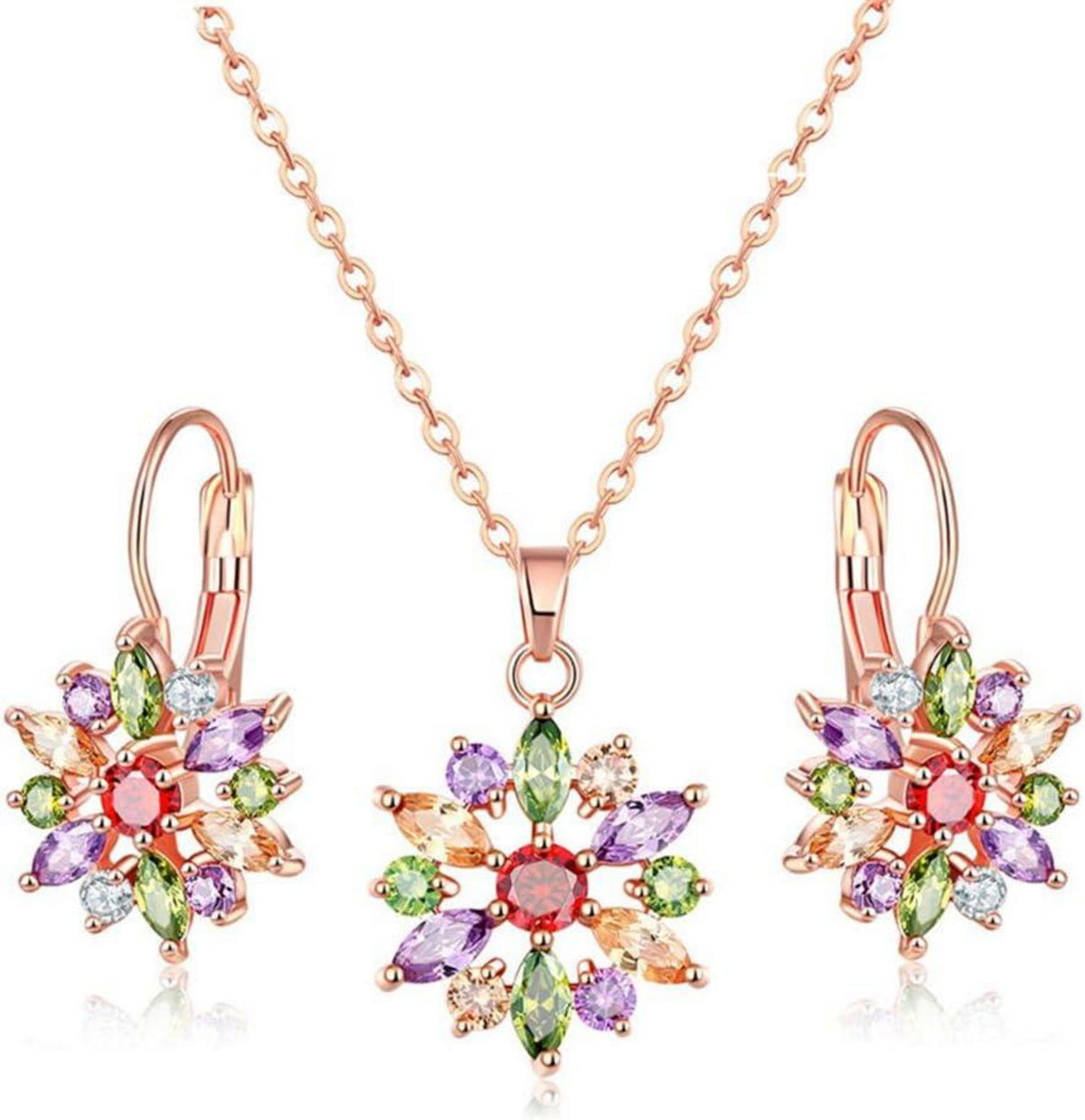 Schmuckset Blume Halskette Creolen Ohrringe Rosegold Zirkonia