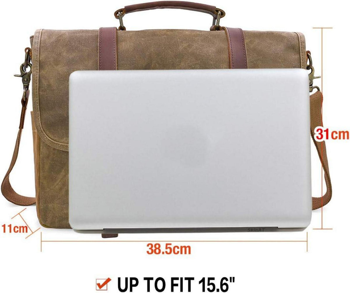 Umhängetasche Herren Laptoptasche Wasserdicht Canvas 15,6 Zoll Vintage Stoff Leder Khaki