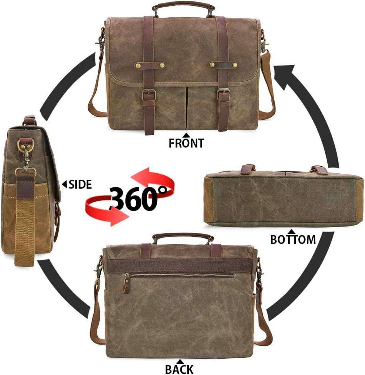 Herren Umhängetasche Laptoptasche 15.6 Vintage Canvas Leder Khaki