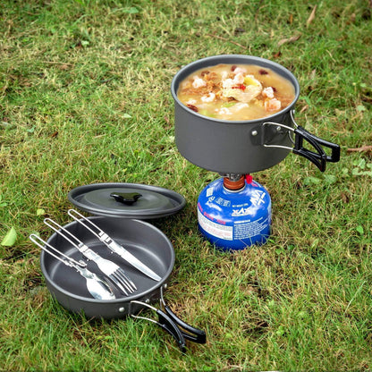 Odoland Camping Kochset 10-teilig Aluminiumtopf Teekessel Tassen faltbares Besteck