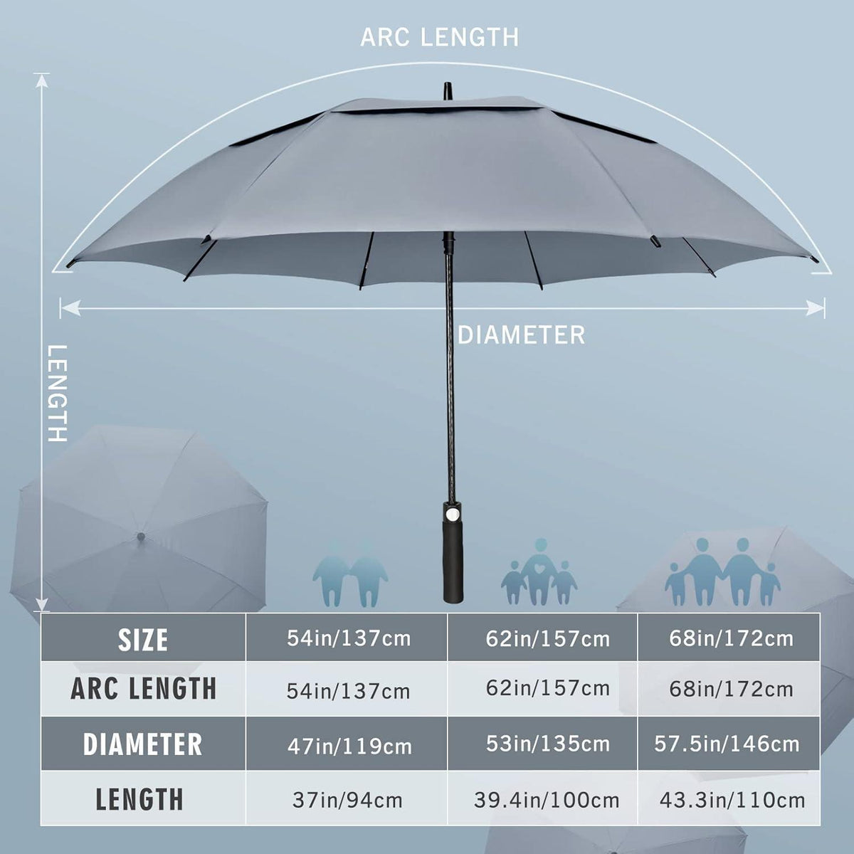 Großer Sturmfester Regenschirm XL/XXL für 2-3 Personen, Grau