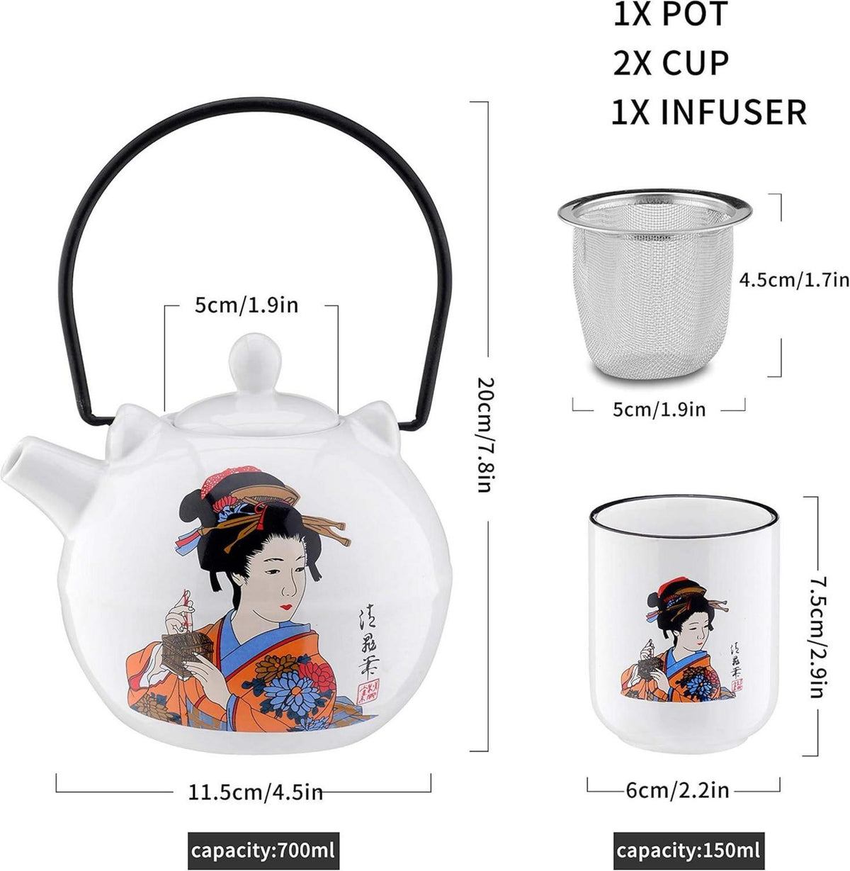 Japanisches Porzellan Teeset - Teekanne 700 ml, 2 Teetassen