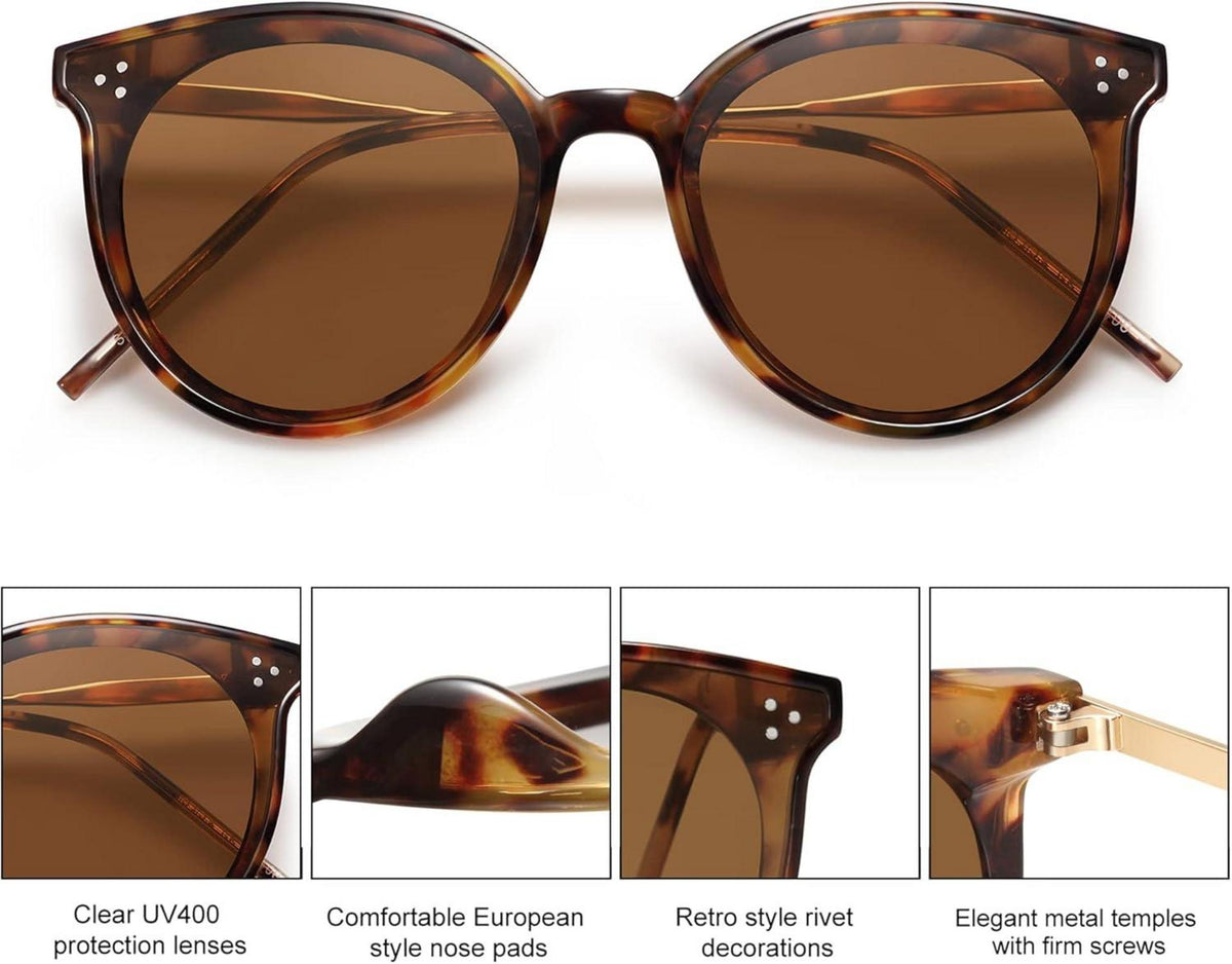 SOJOS Retro Vintage Sonnenbrille Damen Cateye Rund Übergroß UV400 Schutz, Federscharnier Brillentuch Brillenbeutel Dolphin Schildpatt/Braun