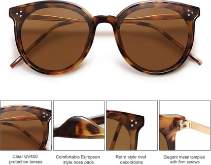 SOJOS Retro Vintage Sonnenbrille Damen Cateye Rund Übergroß UV400 Schutz, Federscharnier Brillentuch Brillenbeutel Dolphin Schildpatt/Braun