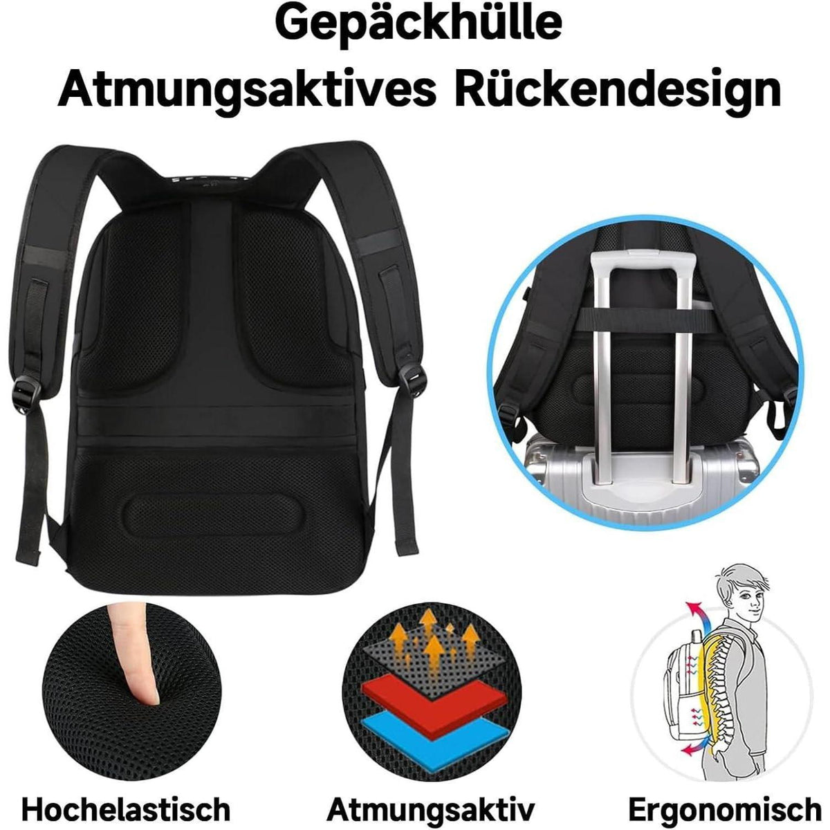 Großer Laptop Rucksack Herren 55L, 18.4 Zoll, Schwarz
