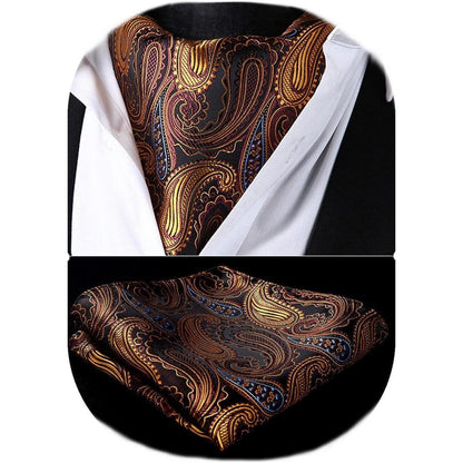 Herren Ascot Krawattenschal & Einstecktuch Set Braun Paisley