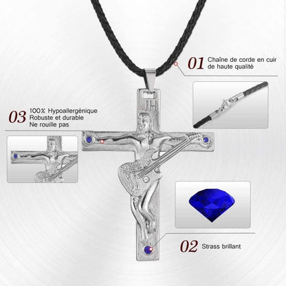 AFSTALR Johnny Hallyday Halskette Silber Edelstahl Gitarrenkreuz Anhänger Fan Andenken JH Signature Designs