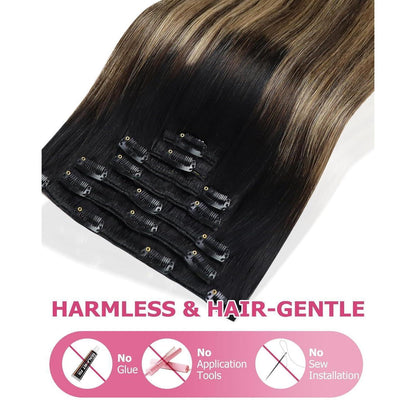 Clip-in Echthaar Extensions Balayage Schwarz-Braun-Blond