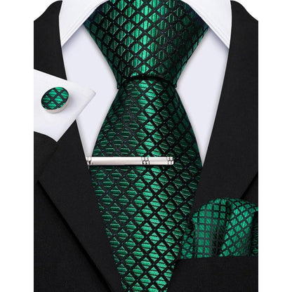 Herren Krawatten Set Seide Paisley mit Einstecktuch & Manschettenknöpfen Grün