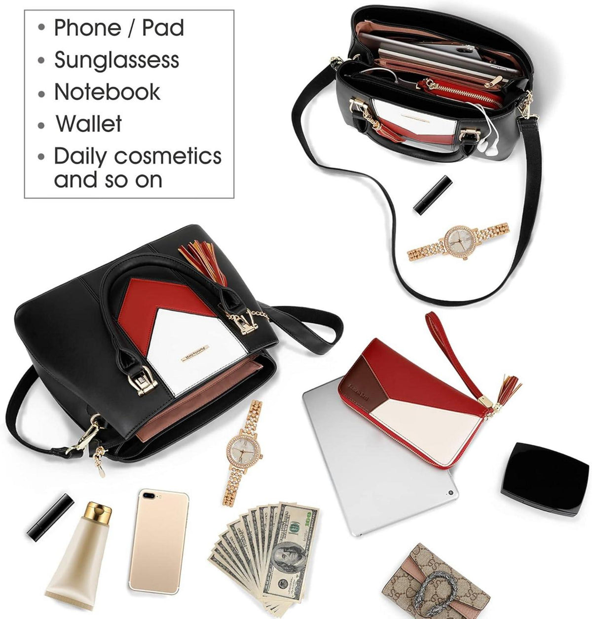 Damen Handtasche Mehrfarbig gestreift V-förmiges Design aus Kunstleder
