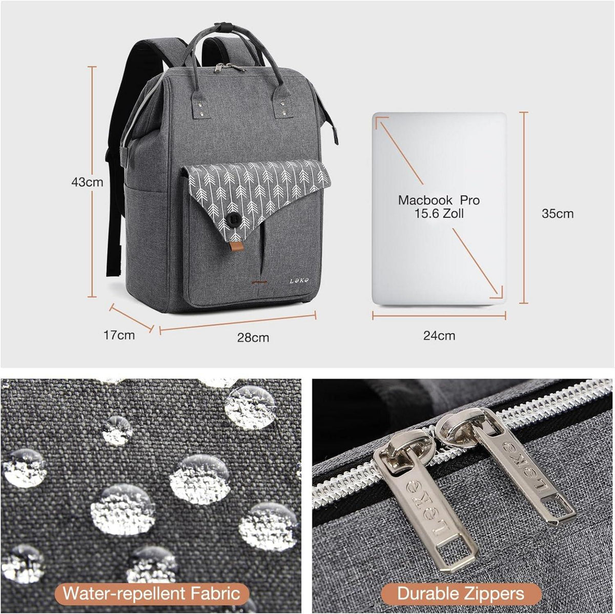 Lekesky Damen Rucksack mit Laptopfach und Anti-Diebstahl Tasche 15.6 Zoll Grau