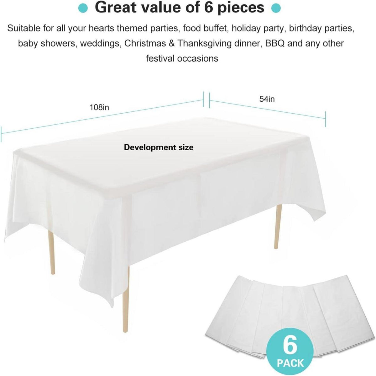 6er Pack Weiß Einweg Tischdecke 137x274 cm - Kunststoff, Premium, Rechteckig
