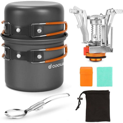 Odoland Campinggeschirr Set 6-teilig mit Gaskocher Aluminum