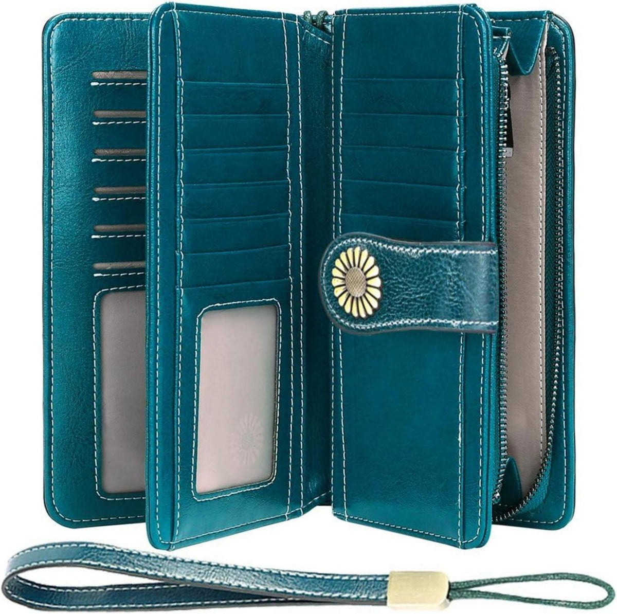 Damen Geldbörse RFID Leder XXL 24 Kartenfächer Blau