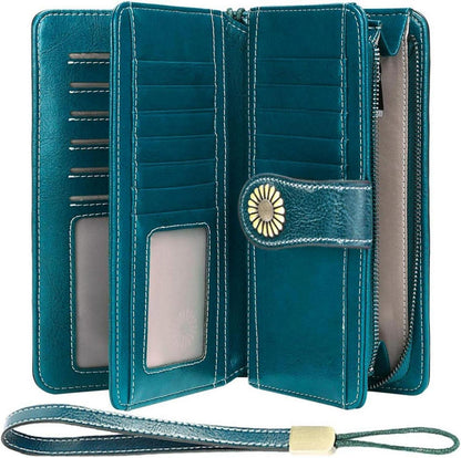 Damen Geldbörse RFID Leder XXL 24 Kartenfächer Blau