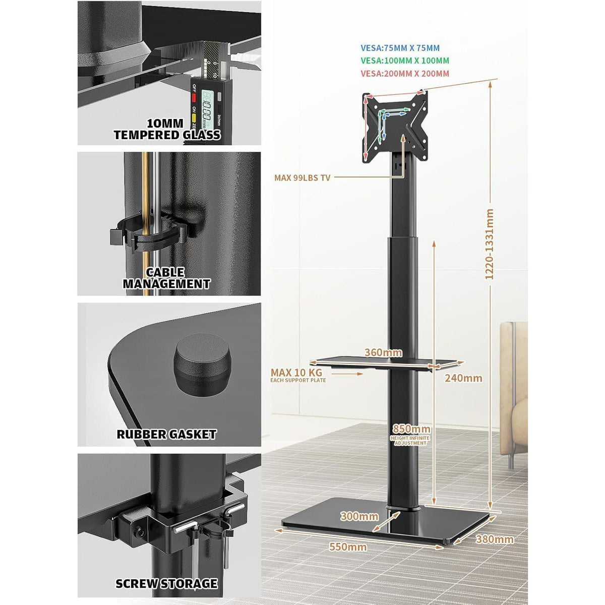 Höhenverstellbarer TV Standfuß mit Regalen für 19-42 Zoll Fernseher