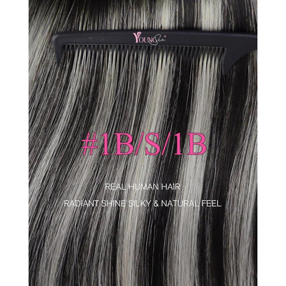 Silberne Echthaar Tape Extensions - Ombre Schwarz Silber 35cm