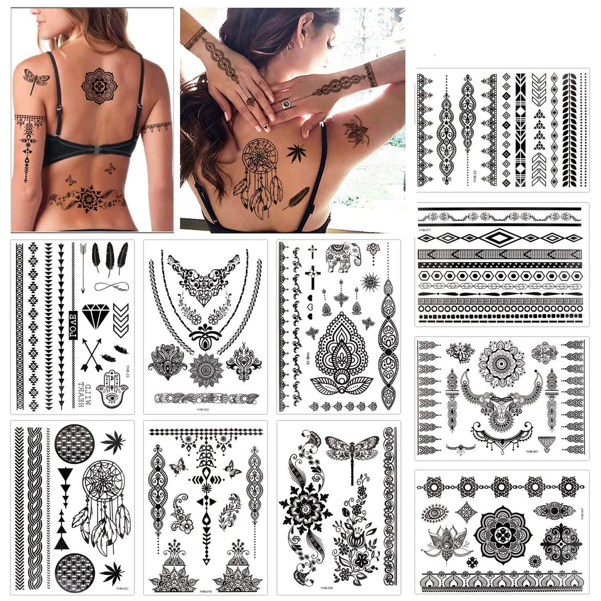 Temporäre Tattoo Aufkleber Schwarze Spitze Henna Mehndi 10 Blatt