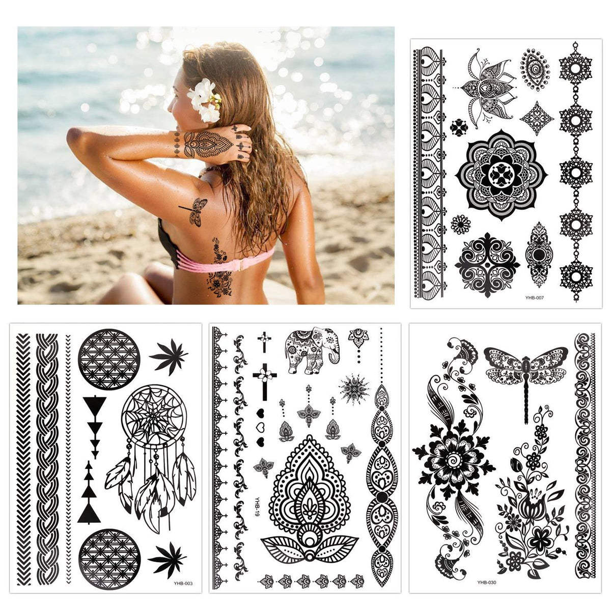 Temporäre Tattoo Aufkleber Schwarze Spitze Henna Mehndi 10 Blatt