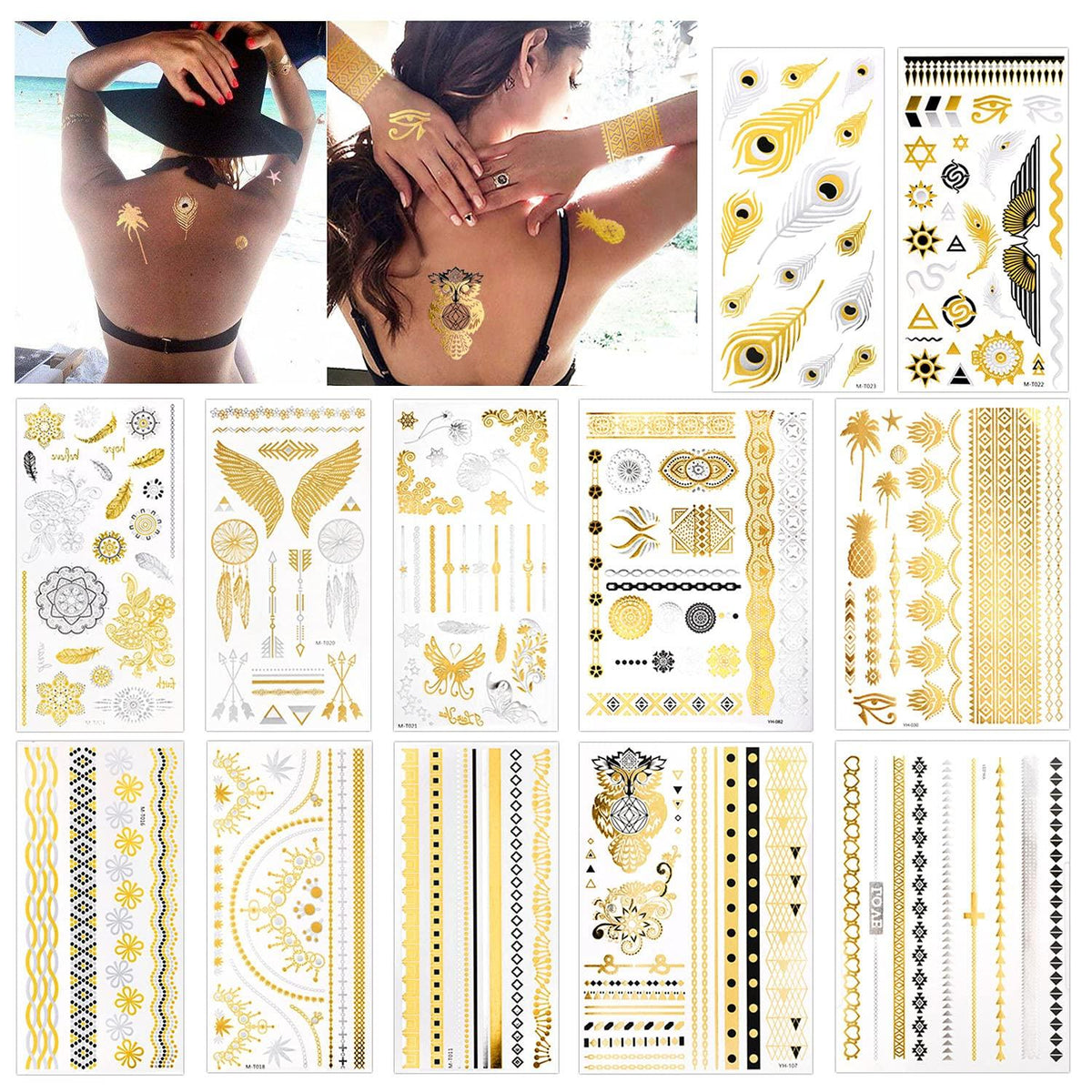 12 Blätter Metallic Flash Tattoos Schwarz Silber Goldene temporäre