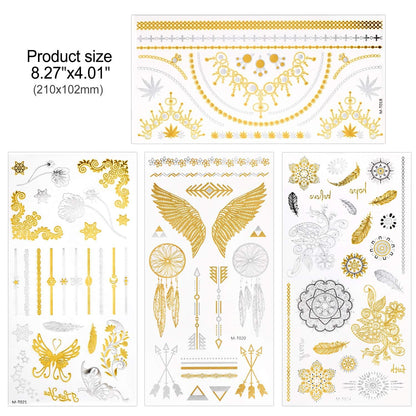 12 Blätter Metallic Temporäre Tattoos Gold Schwarz Silber Flash Tattoos Wasserfest Klebetattoos Frauen Mädchen