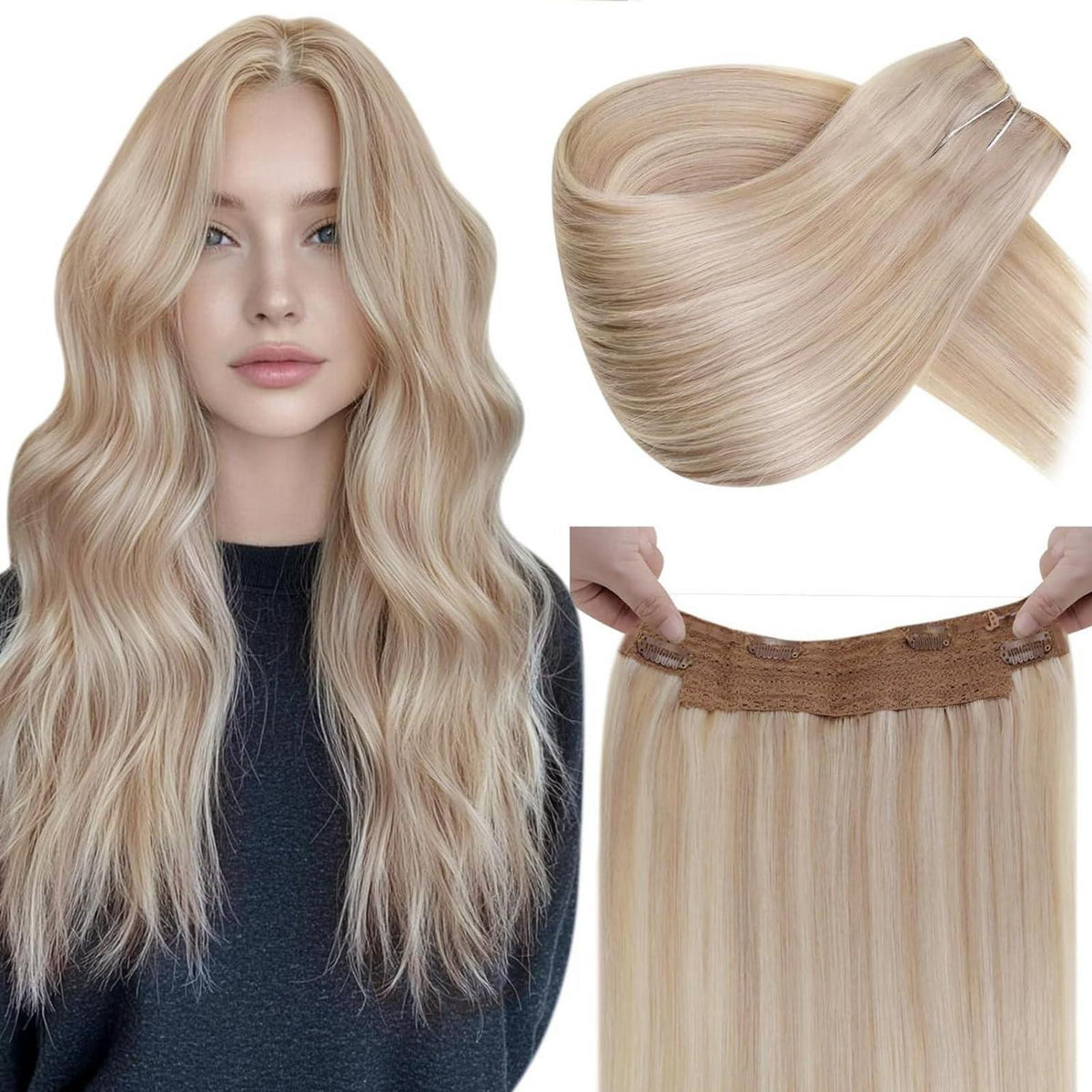 Echthaar Haarverlängerung mit Draht, Hellblond Highlights, 50cm
