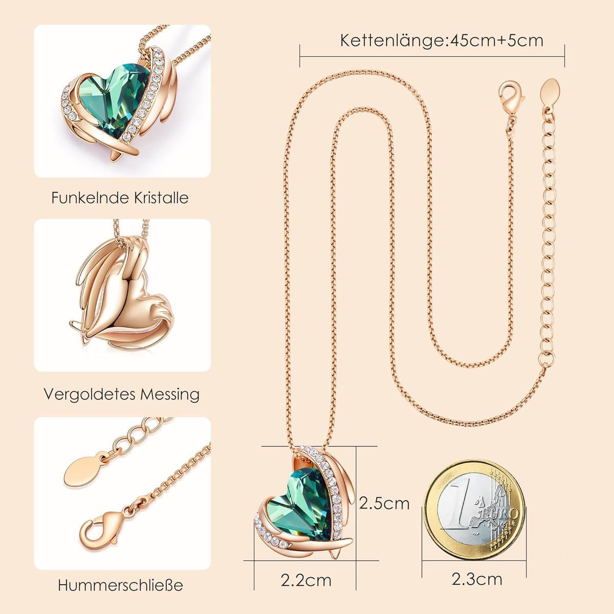 Rosegold Herz Halskette Grüner Kristall Weihnachtsgeschenk